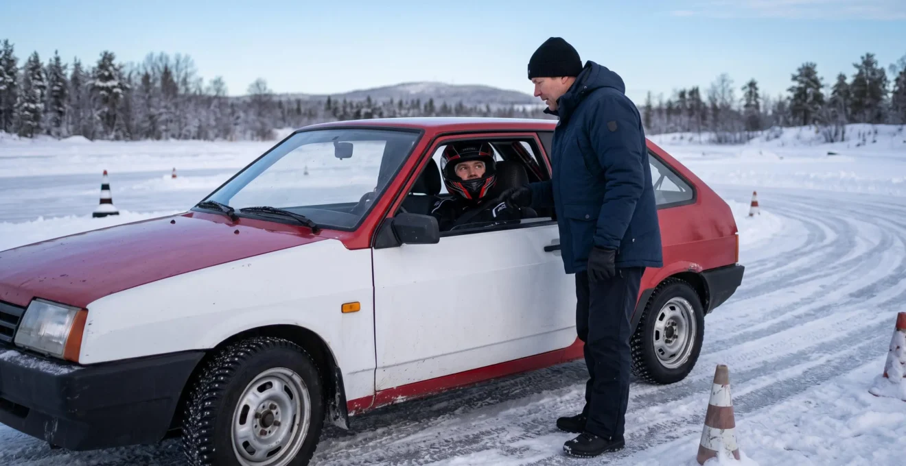 Un moniteur explique une trajectoire à un pilote assis dans une voiture sur glace.