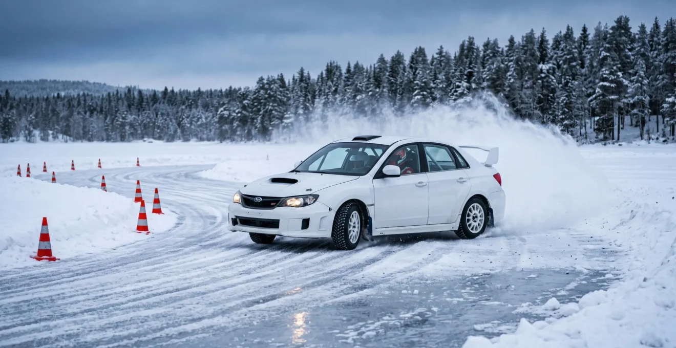 Une voiture de rallye dérape sur un lac gelé en Laponie, projetant de la neige.