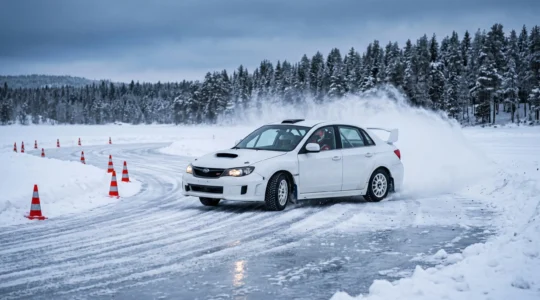 Une voiture de rallye dérape sur un lac gelé en Laponie, projetant de la neige.